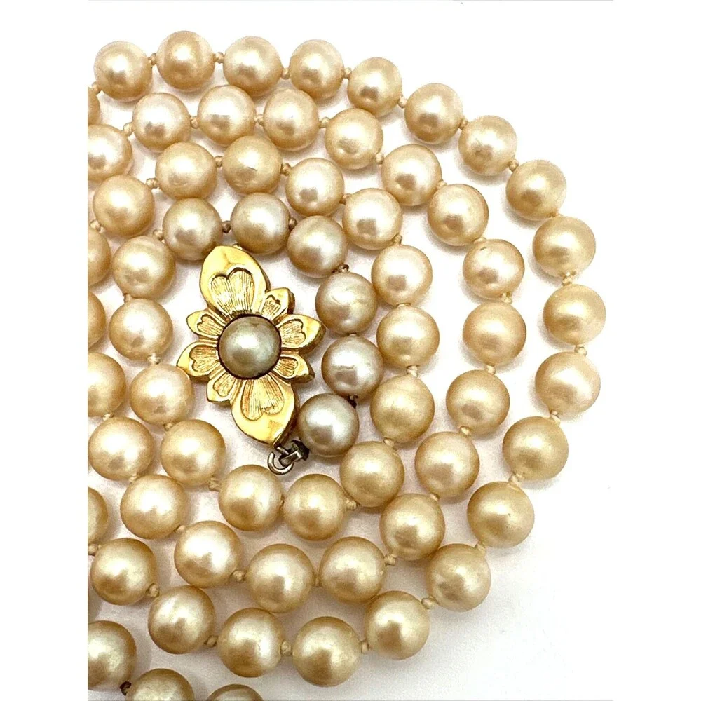 Vintage Faux Pearl Necklace Pale Gold Glass Bead Floral Clasp Statement 28